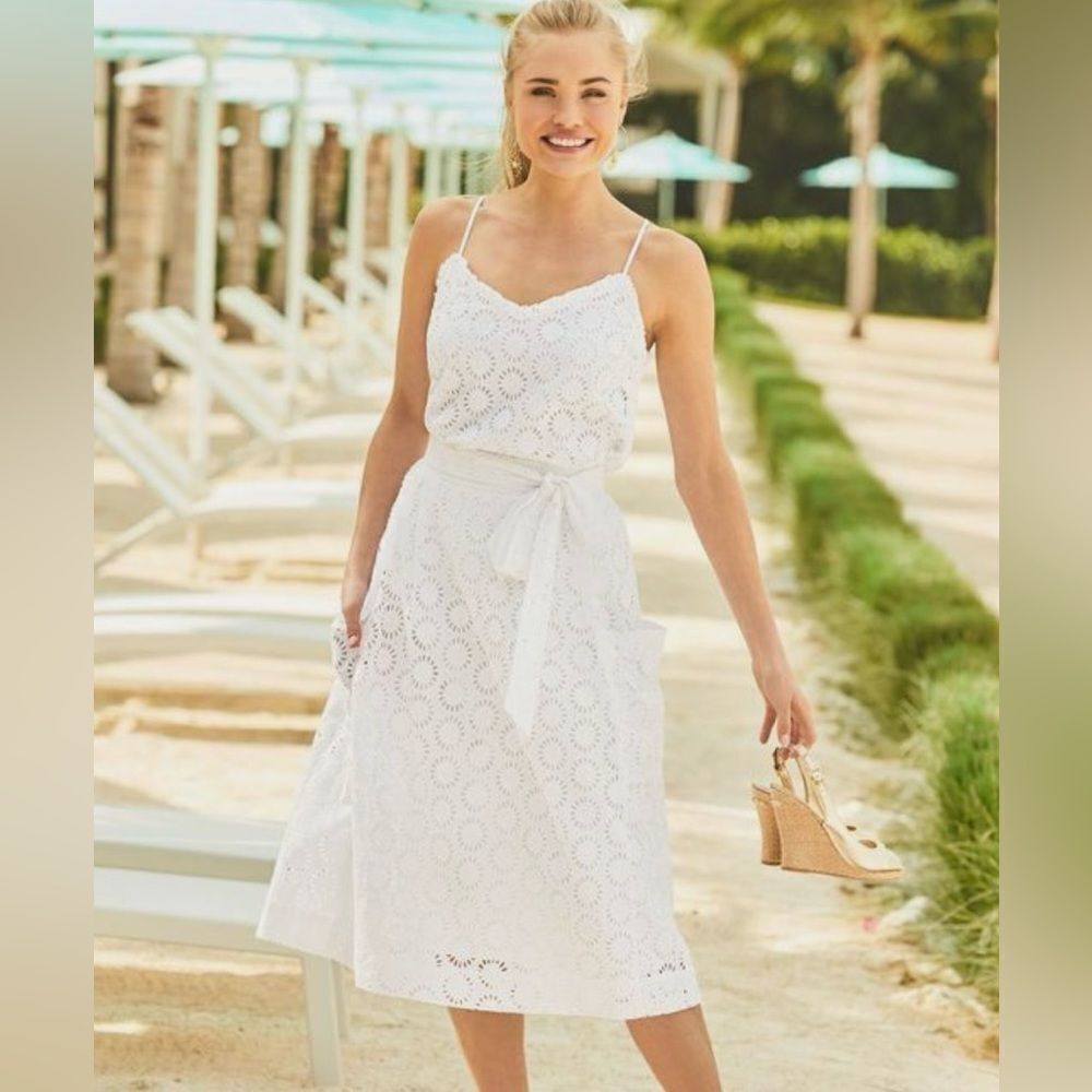 NEW Lilly Pulitzer PIER Midi Skirt & Sash Resort White Sunshine Eyelet 0